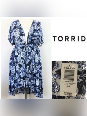 🆕TORRID - 00/0X M/L - NWT FLORAL BLUE WHITE MAXI HI-LO KIMONO CARDIGAN / KAFTAN